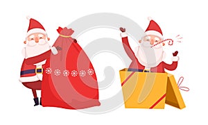 Santa Claus Character with White Beard and Red Hat Jumping Out of Gift Box and Holding Sack with Christmas Presents