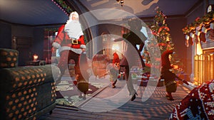 Santa Claus and the cheerful elves dance in celebration of Christmas. The concept of Christmas atmosphere concept