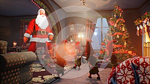 Santa Claus and the cheerful elves dance in celebration of Christmas. The concept of Christmas atmosphere concept