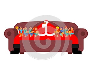 Santa Claus and children. Giving Christmas gift. Funny babies. Xmas and New Year vector illustration