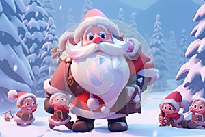 Santa claus with children in snowy winter background