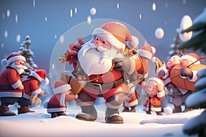 Santa claus with children in snowy winter background