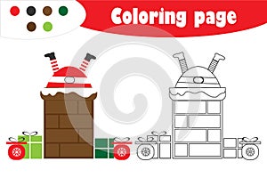 Santa Claus in chimney in cartoon style, christmas coloring page, education paper game for the development of children, kids
