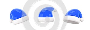 Santa Claus Christmas Blue Hat Set. Christmas and New Year design element of traditional costume. Realistic 3d mocup design