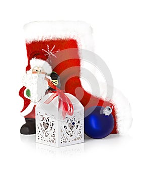 Santa Claus and Christmas boots isolated on white