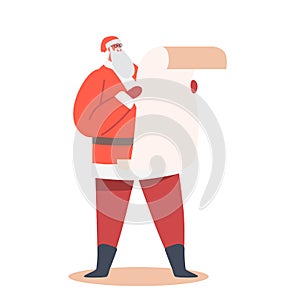 Santa Claus Christmas Character in Red Festive Costume and Hat Read Letter or Gift List from Children Isolated on White