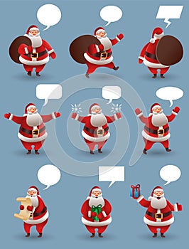 Santa Claus christmas character set. Santa with different gestures and gifts. For Christmas cards, banners, tags and