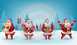 Santa Claus christmas character set. Santa with different gestures and gifts. For Christmas cards, banners, tags and