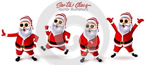Santa claus christmas character vector set. Santa claus 3d characters with sunglasses in running, jumping, jolly and cheerful pose