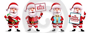 Santa claus christmas character vector set. Santa claus in 3d characters with placard and gift waving and friendly gestures.