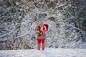 Santa Claus with Christmas gift in the snow.