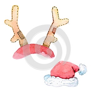Santa Claus Christmas hats. Christmas hat and deer horns. Red set. Isolated on white background