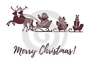 Santa Claus with Christmas presents in sleighs with reindeers. N