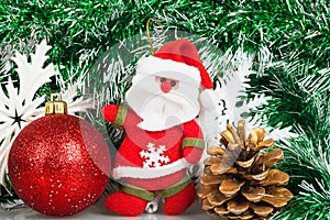 Santa Claus with Christmas red ball, bump and white snowflakes