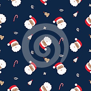 Santa Claus Christmas seamless pattern. Blue navy background with snow and Santa heads
