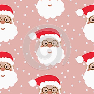 Santa Claus Christmas seamless pattern. Pink background with snow and Santa heads