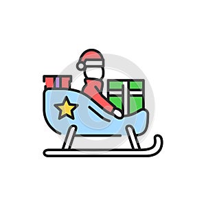 Santa claus on christmas sleigh color line icon. Glowing lights. Editable stroke.