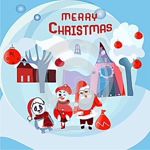 Santa Claus and Christmas snowman on winter greeting card with presents