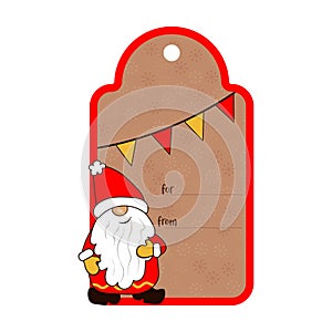 Santa Claus on a Christmas tag with a garland of colored flags