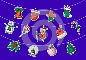 Santa Claus, Christmas toys, mittens, clothes, gingerbread man. Stickers on a clothespin. New Year label. Poster