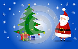 Santa Claus and Christmas tree and gifts with blue shiny background. Vector illustration