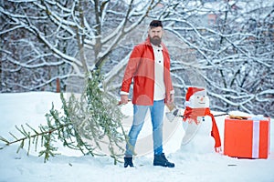 Santa Claus with Christmas tree. Happy winter time. Bearded man is carrying Christmas tree in the wood. Hipster woodsman