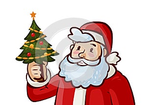 Santa Claus and Christmas tree. Holiday, xmas concept. Cartoon vector illustration