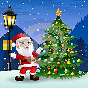 Santa claus with christmas tree and snowfall falling at night background