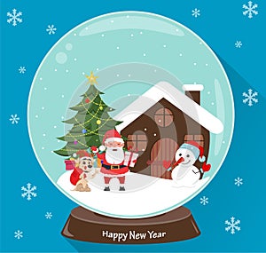 Santa Claus, Christmas tree, snowman, cute dog, presents and house, scene in snow globe