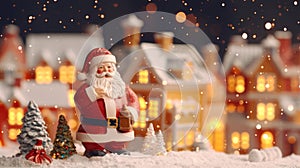 Santa Claus in a Christmas village with Snow in vintage style. Colored houses. Winter Village. Holidays. Christmas Card. Miniature