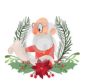 Santa Claus in a Christmas wreath reading a roll of paper. Vector illustration, isolated on white background.