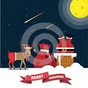 Santa Claus climbed down the chimney with gift bags and reindeer on the roof at night.