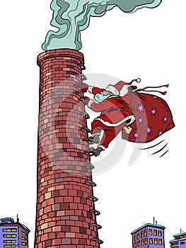 Santa Claus climbs the factory big pipe. Christmas and New Year. Winter seasonal holiday
