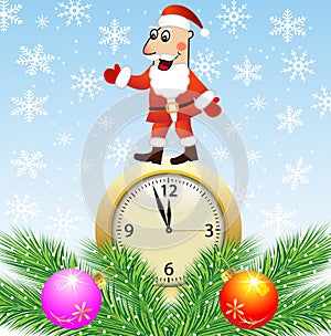 Santa claus, clock and green branches with toys