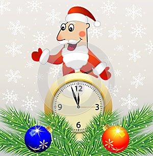 Santa claus, clock and green branches with toys