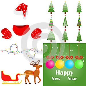 Santa Claus clothes, Christmas tree, Christmas garland, sled with Santa Claus deer. New Year`s set.