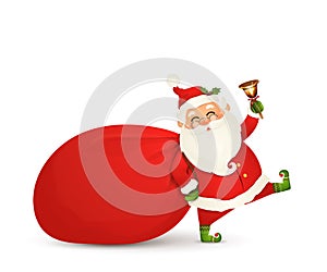 Santa Claus is coming. Santa Claus with huge, red, heavy bag with presents, gift boxes, jingle bell isolated. Happy