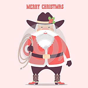 Santa claus with cowboy western hat and lasso .Vector christmas