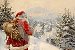 Santa claus in cozy attire holding a bag, admiring a snowy village from a hill in the woods