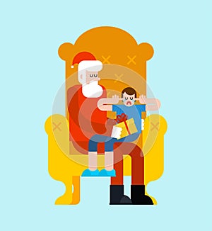 Santa Claus and crying little boy. Sanat on armchair. Christmas and New Year vector illustration