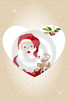 Santa Claus and cute teddy bear cuddling framed by heart and sparkling snowflakes under mistletoe and holly