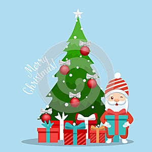 Santa Claus and Decorated Christmas tree. Merry Christmas and Happy New Year background. Vector illustration