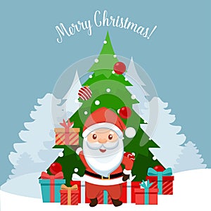 Santa Claus and Decorated Christmas tree. Merry Christmas and Happy New Year background. Vector illustration