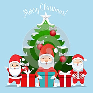 Santa Claus and Decorated Christmas tree. Merry Christmas and Happy New Year background. Vector illustration