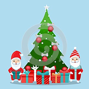 Santa Claus and Decorated Christmas tree. Merry Christmas and Happy New Year background. Vector illustration