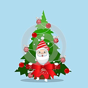 Santa Claus and Decorated Christmas tree. Merry Christmas and Happy New Year background. Vector illustration