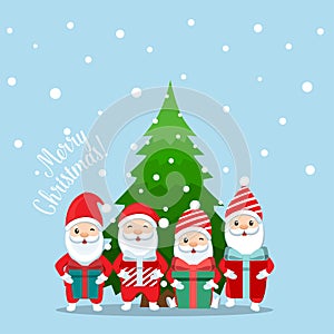 Santa Claus and Decorated Christmas tree. Merry Christmas and Happy New Year background. Vector illustration