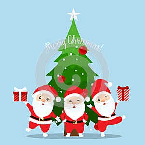 Santa Claus and Decorated Christmas tree. Merry Christmas and Happy New Year background. Vector illustration