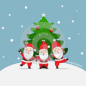 Santa Claus and Decorated Christmas tree. Merry Christmas and Happy New Year background. Vector illustration