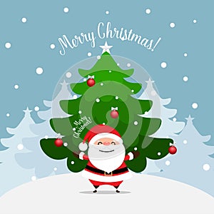 Santa Claus and Decorated Christmas tree. Merry Christmas and Happy New Year background. Vector illustration